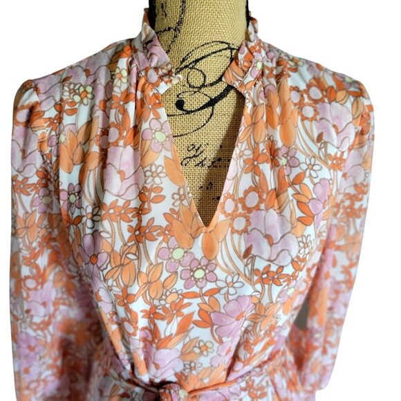 REYGRASS Long Sleeve Orange Pink Floral Dress Light Sheer Fabric Women's SZ M - Picture 4 of 9